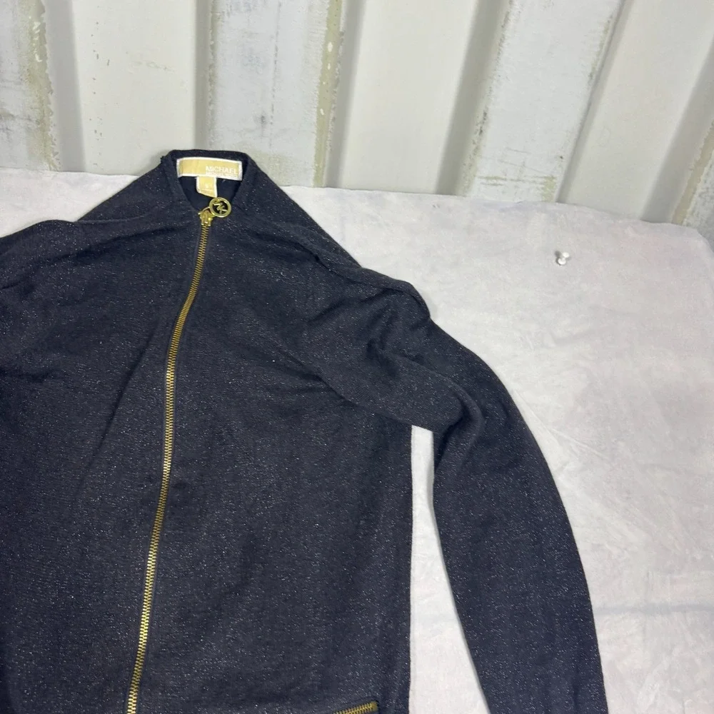 Michael Kors Womens Sweater Black Shimmer‎ Knit Full-Zip Cardigan Long Sleeve S